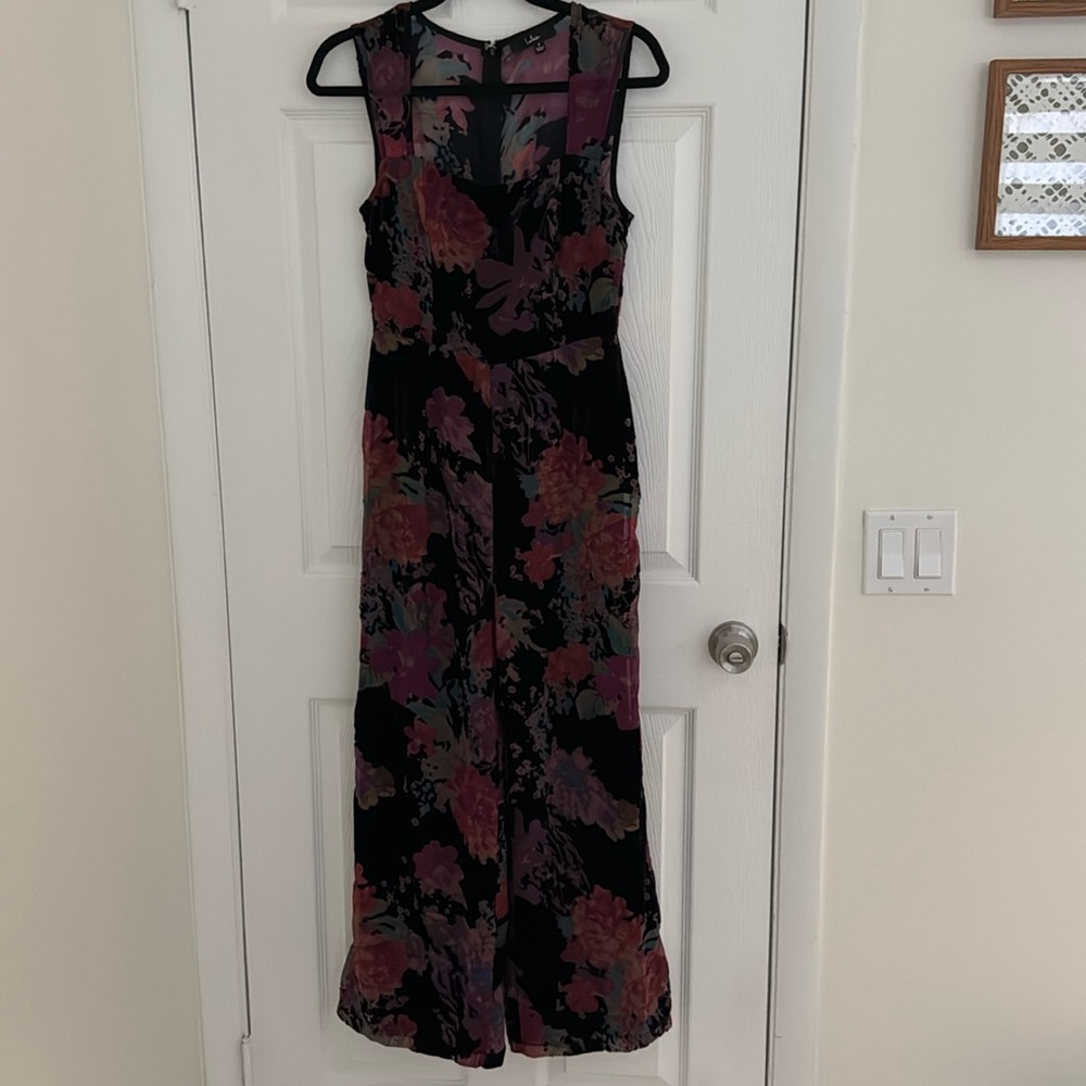Lulus Velvet Floral Print Wide-Leg Jumpsuit Size Small